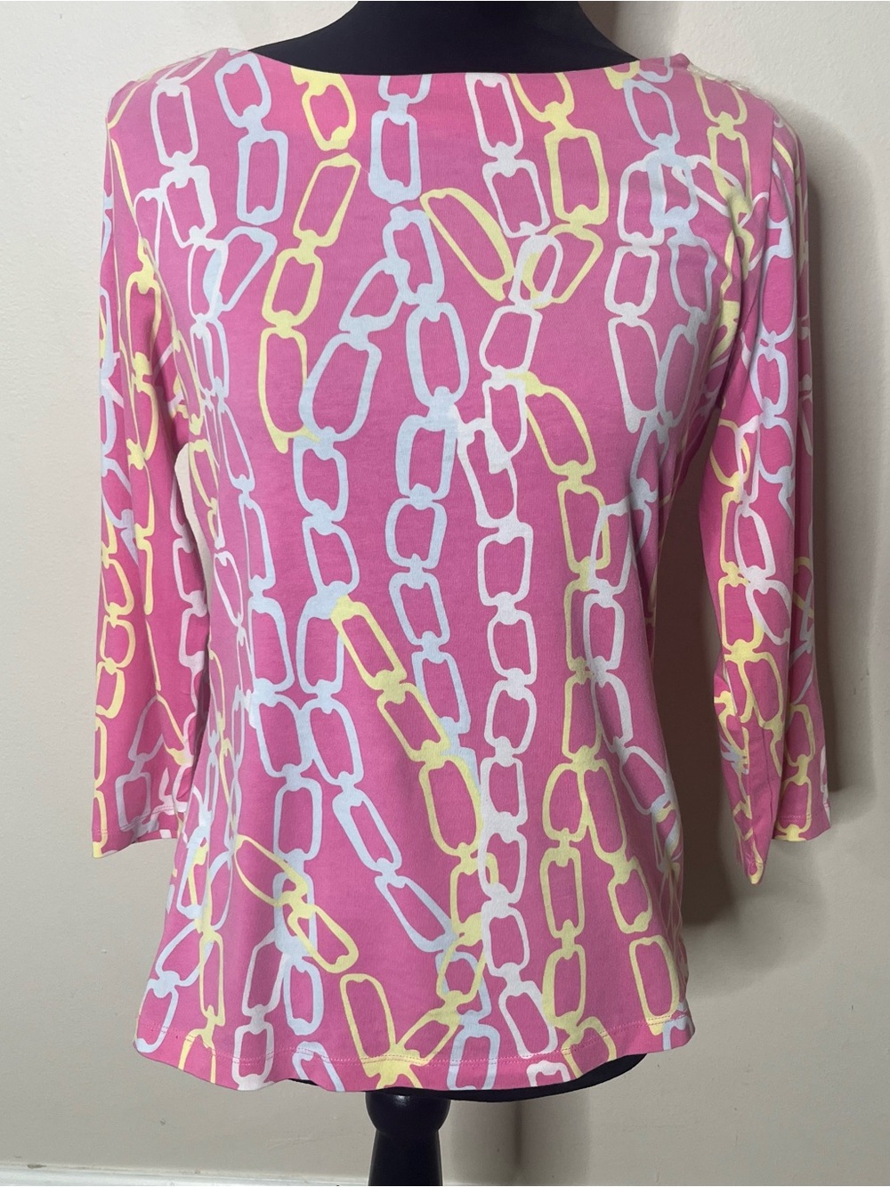 J. McLaughlin Women’s Pink Chain-Print Boatneck 3/4 Sleeve Top Sz M